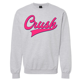 Crush script softball graphic on ash grey crewneck sweatshirt