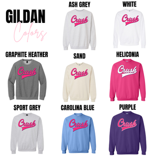 Crush script softball graphic Gildan crewneck sweatshirt color options including ash grey white sand helconia purple and blue