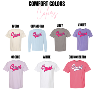 Crush script softball graphic Comfort Colors apparel color options including ivory chambray grey violet orchid white and crunchberry