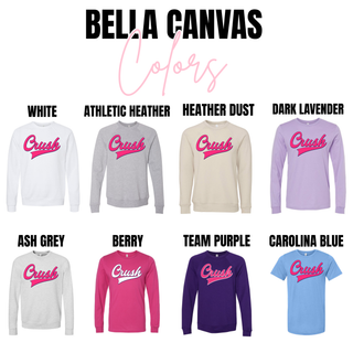 Crush script softball graphic Bella Canvas apparel color options including white athletic heather berry team purple and carolina blue