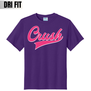 Crush script softball graphic on purple dri fit performance shirt