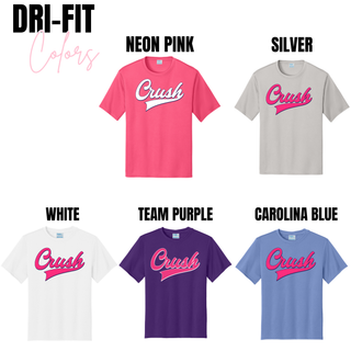 Crush script softball dri fit performance shirt color options including neon pink silver white purple and blue