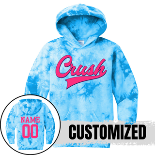 Crush script softball blue tie dye hoodie with optional name and number on back