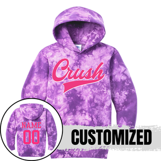 Crush script softball purple tie dye hoodie with optional name and number on back