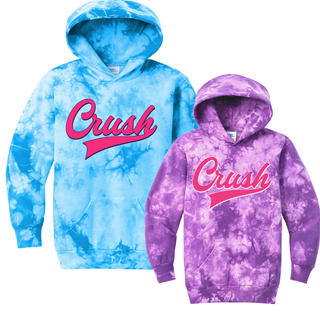 Crush script softball graphic on blue and purple tie dye hoodies