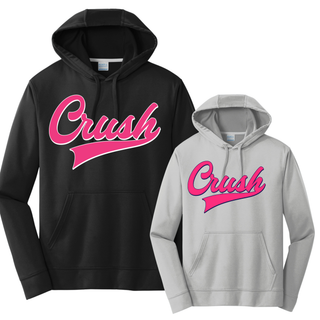 Crush script softball performance fleece hoodies in black and grey front view