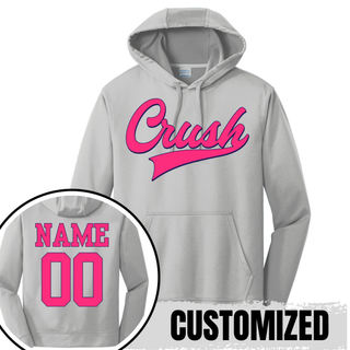 Crush script softball performance fleece hoodie in grey with custom name and number on back