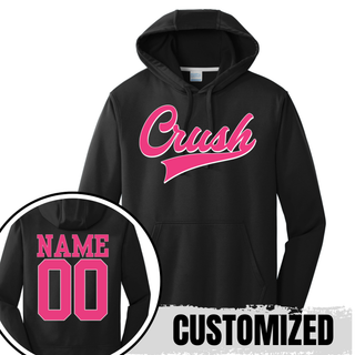 Crush script softball performance fleece hoodie in black with custom name and number on back