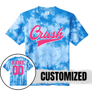 Crush script softball blue crystal tie dye shirt with optional name and number on back