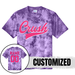 Crush script softball purple crystal tie dye shirt with optional name and number on back