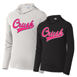 Crush script softball performance hooded pullover in black and grey front view