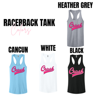 Crush softball racerback tank color options including grey blue white and black