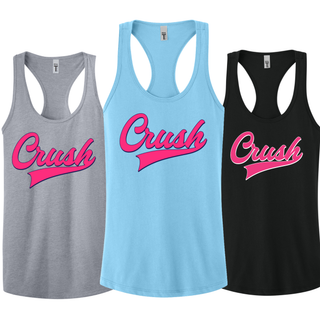 Crush script softball women’s racerback tanks in grey blue and black front view