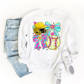 Crush softball bow helmet graphic on white top styled with jeans and sneakers