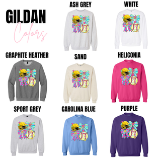 Crush softball bow helmet graphic top shown on Gildan apparel color options