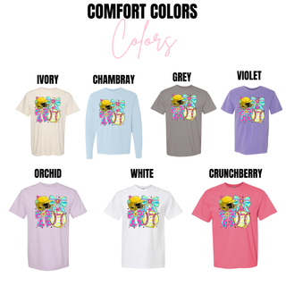 Crush softball bow helmet graphic top shown on Comfort Colors apparel options