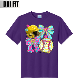 Crush softball bow helmet graphic on purple dri fit performance top with neon pink bows and yellow helmet