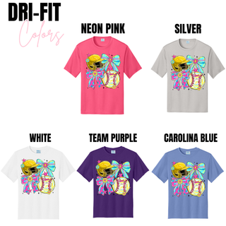 Crush softball bow helmet dri fit performance tops in neon pink silver white team purple and carolina blue color options