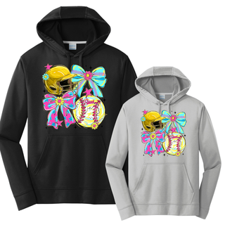 Crush softball bow helmet graphic on black and grey performance fleece hoodies with colorful bows helmet and softball