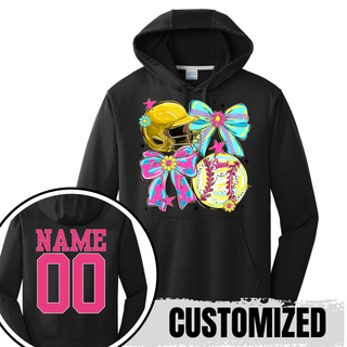 Crush softball bow helmet performance fleece hoodie in black with optional name and number on back