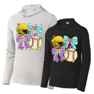 Crush softball bow helmet graphic on black and grey competitor hooded performance pullovers with colorful bows helmet and softball
