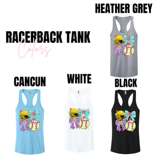 Crush softball bow helmet women’s racerback tank color options including heather grey cancun white and black