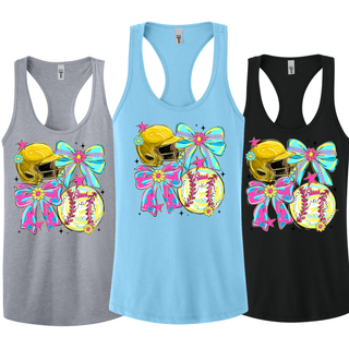 Crush softball bow helmet graphic on women’s racerback tanks in grey blue and black with colorful bows helmet and softball