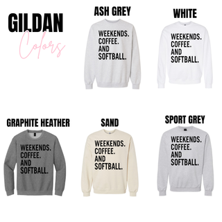 weekends coffee and softball graphic top on gildan apparel in ash grey white graphite heather sand and sport grey