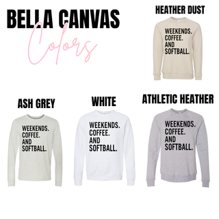 weekends coffee and softball graphic top on bella canvas apparel in heather dust ash grey white and athletic heather