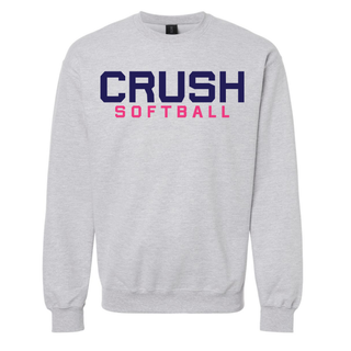 ash grey crush softball graphic sweatshirt with navy and pink text front view