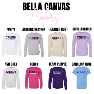 crush softball graphic top on bella canvas apparel in white athletic heather heather dust dark lavender ash grey berry team purple and carolina blue