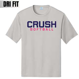 Crush Softball classic dri fit performance top in silver with bold purple and pink lettering