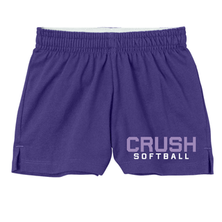 Crush Softball Classic jersey knit shorts purple with white and light purple lettering