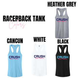 Crush Softball Classic women’s racerback tank color options heather grey cancun blue white and black softball tank