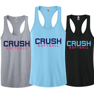 Crush Softball Classic women’s racerback tank heather grey cancun blue and black front view softball tank top