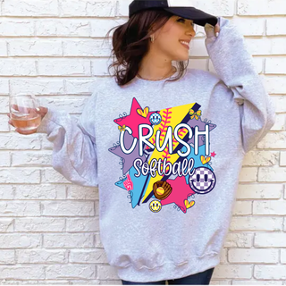 Crush Softball girly retro pop graphic sweatshirt worn by woman colorful softball apparel