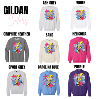 Crush Softball girly retro pop graphic sweatshirt Gildan color options ash grey white graphite heather sand heliconia sport grey carolina blue purple