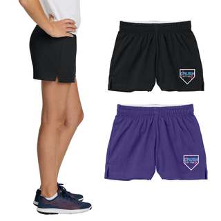 Crush Softball home plate logo jersey knit shorts color options black and purple softball apparel