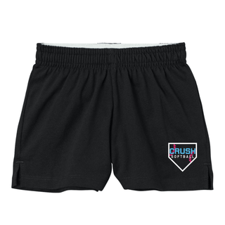 Crush Softball home plate logo black jersey knit shorts with side slit athletic fit