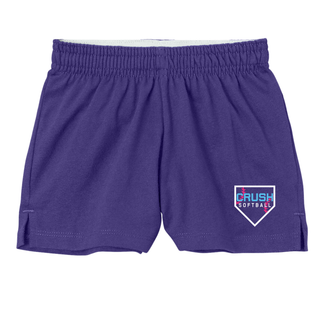 Crush Softball home plate logo purple jersey knit shorts with side slit athletic fit