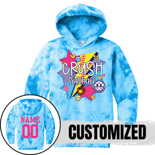 Crush Softball retro pop blue tie dye hoodie with custom name and number softball apparel