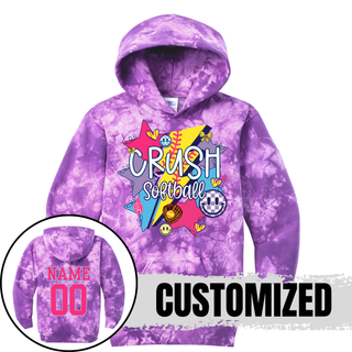 Crush Softball retro pop purple tie dye hoodie with custom name and number softball apparel