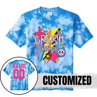 Crush Softball blue tie dye top girly retro pop softball apparel with custom name and number