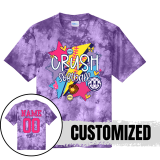 Crush Softball purple tie dye top girly retro pop softball apparel with custom name and number