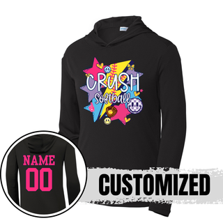 Crush Softball black performance hooded pullover with girly retro pop design and custom name number