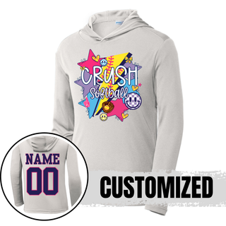 Crush Softball grey performance hooded pullover with girly retro pop design and custom name number