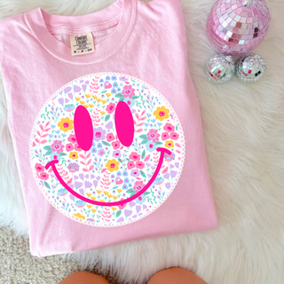 Floral smiley spring graphic top pink pastel smiley face floral print