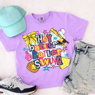Hey batter batter swing softball comfort colors top violet graphic softball apparel