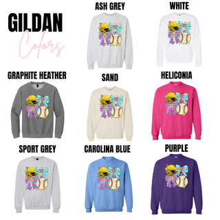 softball bow helmet graphic sweatshirt available in multiple Gildan colors including ash grey white sand and purple