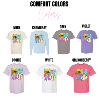 softball bow helmet graphic tee shown on comfort colors styles in ivory chambray grey violet and crunchberry